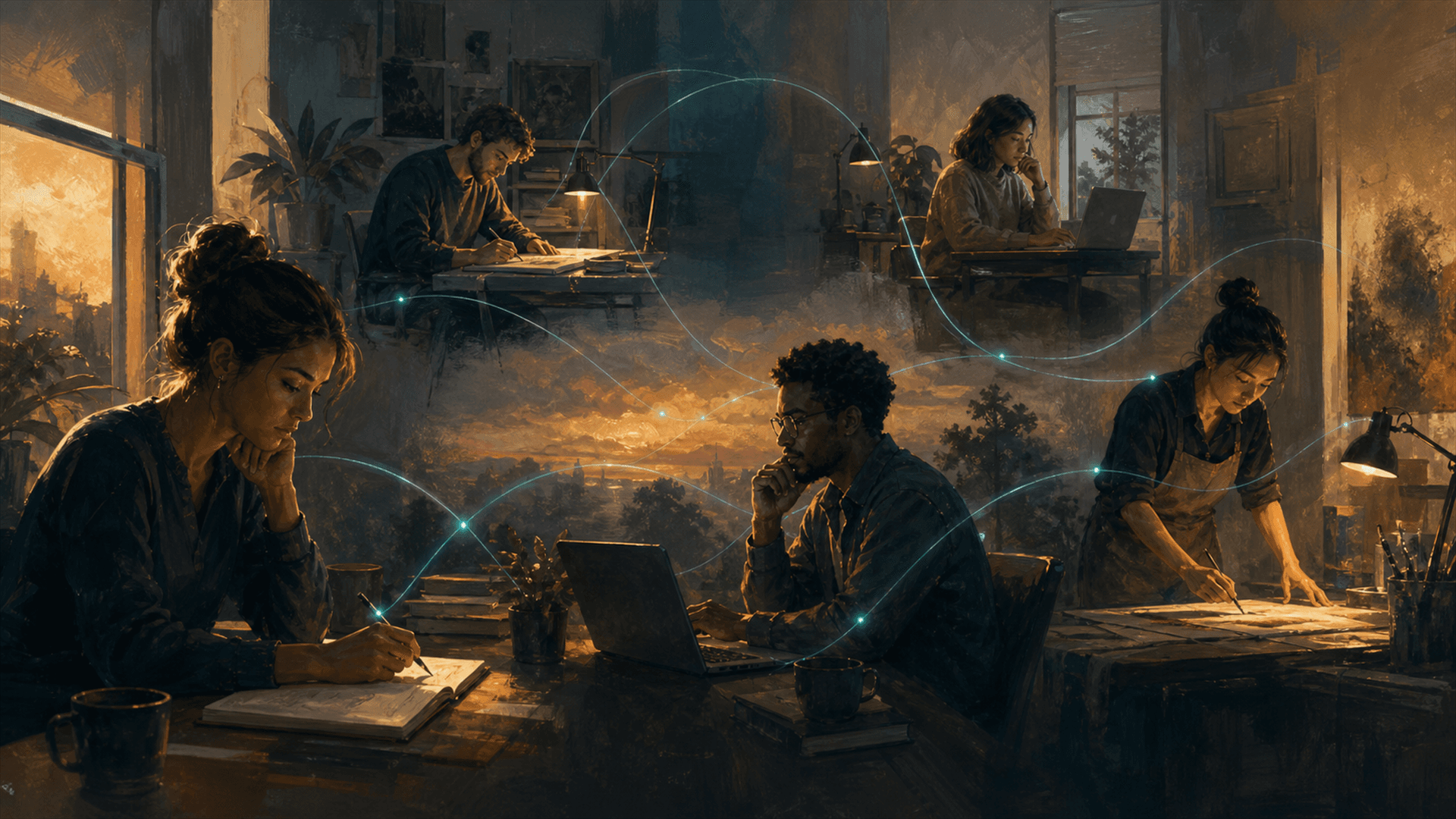 Members at their own workspaces connected through ambient light filaments across the frame — community without a platform UI
